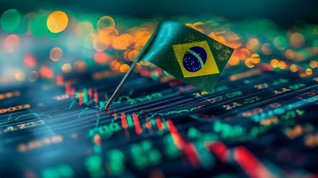 Brazil business skyline with stock exchange trading chart double exposure with brazilian flag, trading stock market digital concept	
