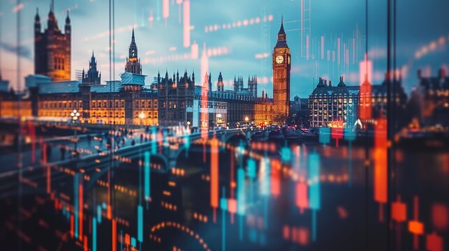 London UK business skyline with stock exchange trading chart double exposure with the British flag, trading stock market digital concept	
