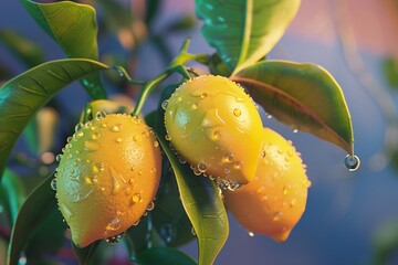 Augmented reality lemons growing, IoT hydration alerts, virtual reality gardening, evening, close-up, digital nurturing