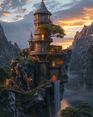 Digital twin of ancient wizard tower, machine learning predicts quest outcomes, elves and dwarves strategize, twilight, eye-level, mystical alliance - obrazy, fototapety, plakaty
