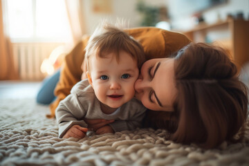 Joy mother and baby interaction on a cozy rug, love in a single embrace