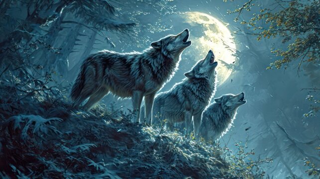 howling pack of wolves under the light of the full moon, symbolizing the wild spirit of these creatures