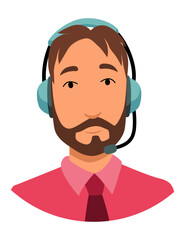 Call center operator avatar with headphone. Online support service assistant. Male customer help manager. Vector illustration of character