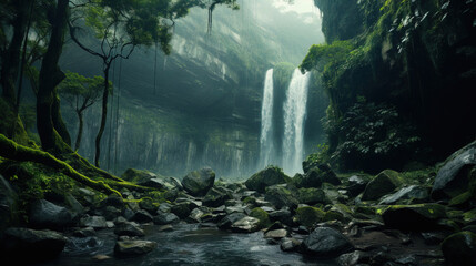 Naklejka na ściany i meble waterfall in the forest hills.