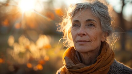 Portrait of gorgeous middle aged woman in autumn park - obrazy, fototapety, plakaty