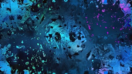 An abstract, textured painting with vibrant blue and black splatters and hints of purple and green