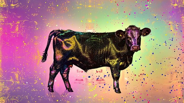 A vibrantly colored, stylized image of a cow