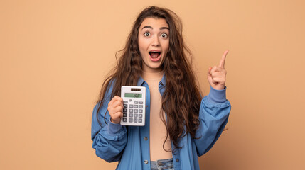 Mulher com expressão de surpresa segurando uma calculadora isolada no fundo bege
