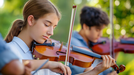 Jovens tocando violino ao ar livre