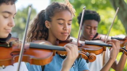Jovens tocando violino ao ar livre