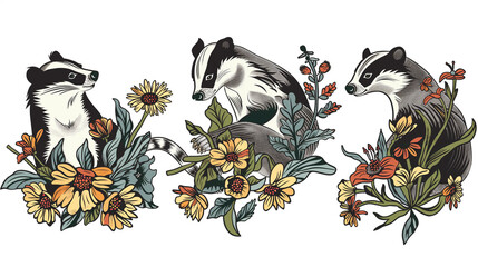 Texugo e flores de primavera no fundo branco - Ilustração infantil fofa