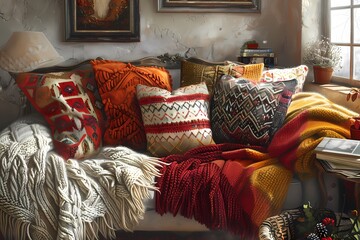 A living room couch upholstered in brown fabric is abundantly decorated with pillows and blankets. The pillows are various sizes and shades of brown, cream, and beige - obrazy, fototapety, plakaty