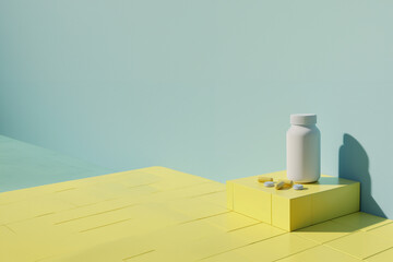 boite blanche sans marque, Mock-up, de médicaments et gélules sur une céramique jaune sur fond bleu avec espace négatif copy space. Industrie pharmaceutique, pharmacie, médecine, 