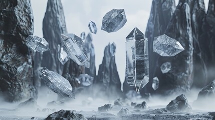 Crystal formations levitate above the misty surface of an otherworldly, monochromatic landscape. Levitating Crystals in a Mystical Foggy Terrain

