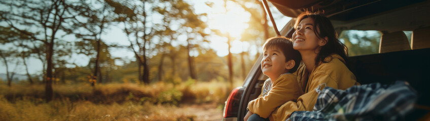 Asian Young mother and child enjoying a sunny car ride in nature, boy gazing out with joy and curiosity - obrazy, fototapety, plakaty