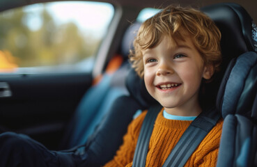 Happy toddler boy smiling brightly in a car seat, safety and joy during family road trip