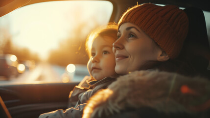 Warm mother-child bond during a sunset car drive, peaceful togetherness in autumn light