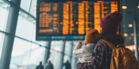 Mother with backpack carrying young child while gazing at departure boards in busy airport terminal