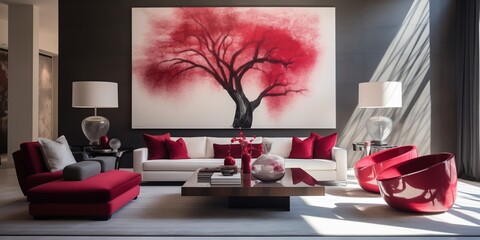 Contemporary furnishings against a backdrop of a vibrant ruby and white back art wall, infusing the space with energy and style.