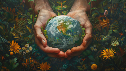 Conceptual Illustration of World Earth Day with Hands Holding a Globe Surrounded by Flora