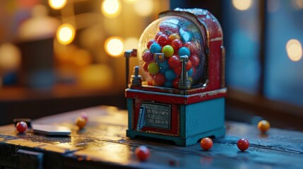 miniature tilt plastic gumball machine with toy vibes in isometric perspective