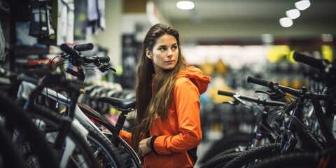 Fototapeta na wymiar A young girl cyclist chooses a bike for herself in a bike shop. Generative AI.