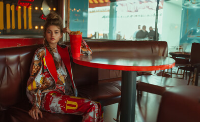 vintage, modèle femme blonde, mannequin ultra-fashion dans un fast food des années 70, 70s, devant un cornet de frites. fond avec un intérieur copy space