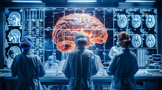 A group of doctors reviewing the results of a brain scan. Technology diagnose and examine patient brain. Innovative Technology in Science and Medicine Concept.