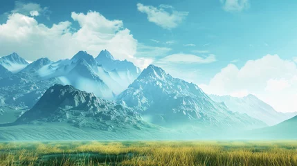 Foto op Canvas Vast golden grasslands stretch beneath the hills, visible from a distance, a serene and secluded landscape under a vast blue sky with white clouds, Generative Ai © mifta
