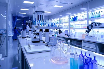 A well-equipped laboratory featuring microscopes, test tubes, and scientific equipment with a researcher in blue lab coat in the background.