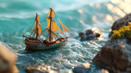 miniature tilt plastic sailing ship with toy vibes in isometric perspective
