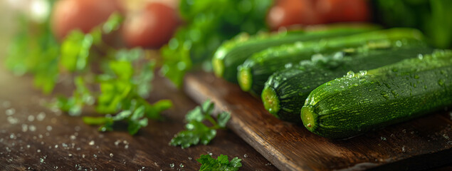 Fresh zucchini with water droplets on wooden board. Close-up view of dewy zucchinis with vibrant vegetables in the background  - obrazy, fototapety, plakaty