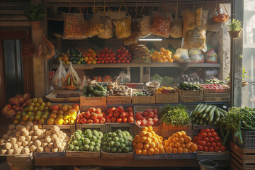 Obraz premium vegetable shop, vegan food store, fresh vegetables and fruits on the counter in an open store near the house the sun's rays are falling