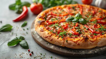 Indulge in a delectable pizza adorned with fresh herbs and peppers for a savory delight