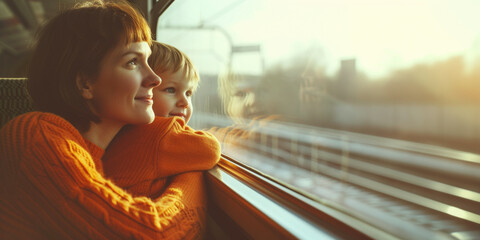 Mother in orange sweater looking hopeful with child gazing out train window during golden hour