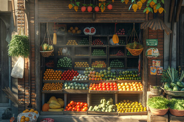 vegetable shop, vegan food store, fresh vegetables and fruits on the counter in an open store near the house the sun's rays are falling - obrazy, fototapety, plakaty