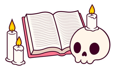 Cute cartoon book, candles and human skull