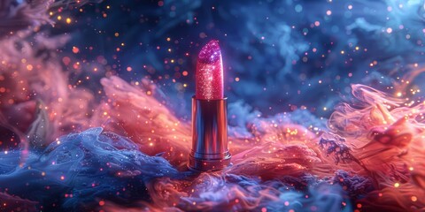 Surreal 3D render of a whimsical, floating lipstick with butterfly wings, surrounded by a swirling vortex of vibrant, floral-scented mist and shimmering, holographic particles