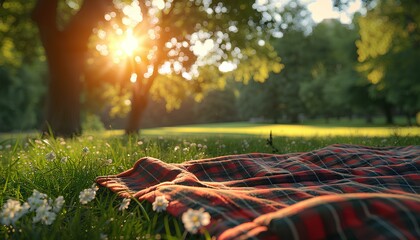 Blanket in the green grass for picnic. Picnic time during summer time in nature. Closeup of picnic blanket in green lush nature full of trees and flowers
