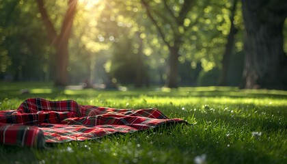 Blanket in the green grass for picnic. Picnic time during summer time in nature. Closeup of picnic...