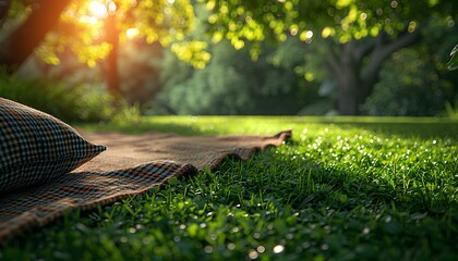 Blanket in the green grass for picnic. Picnic time during summer time in nature. Closeup of picnic...