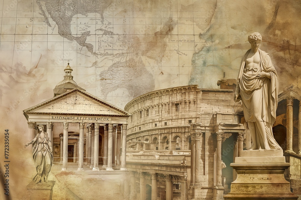 Wall mural great roman empire architecture and emperor caesar statue archeological historical illustration