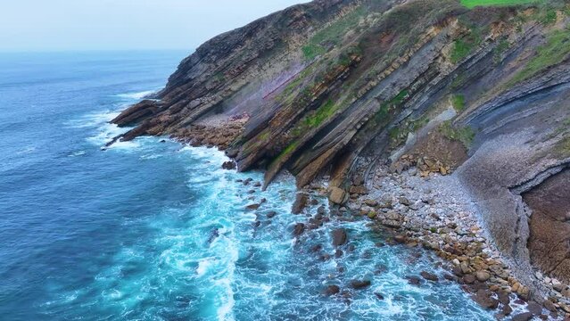 Coastal landscape around the town of Liandres, aerial view from a drone. Ruiloba Municipality. Cantabrian Sea. Cantabria. Spain. Europe