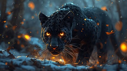 mystical panther with glowing eyes, representing the mysterious beauty of fairy tale creatures - obrazy, fototapety, plakaty