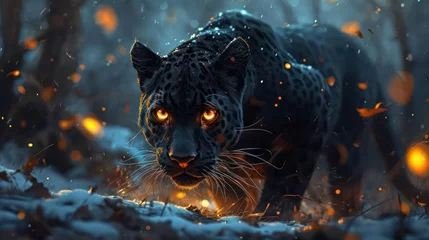 Poster mystical panther with glowing eyes, representing the mysterious beauty of fairy tale creatures © Tina