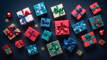 colorful small gift boxes with fancy bows and ribbons