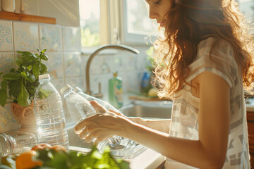 Woman recycling plastic bottles in kitchen at home
