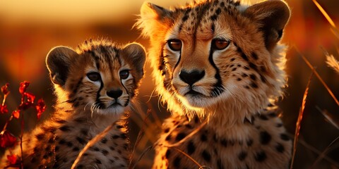 Picture a cheetah with a nurturing instinct, gently grooming its young ones or caring for a fellow...