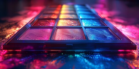 Futuristic 3D render of a sleek, neon-lit eyeshadow palette, with holographic, color-shifting shades and a high-tech, touch-sensitive control panel for customizable looks - obrazy, fototapety, plakaty