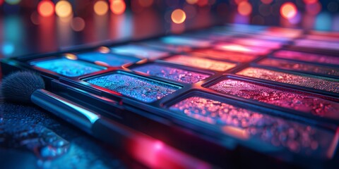 Futuristic 3D render of a sleek, neon-lit eyeshadow palette, with holographic, color-shifting shades and a high-tech, touch-sensitive control panel for customizable looks - obrazy, fototapety, plakaty
